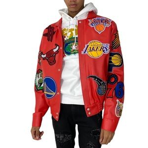 JEFF HAMILTON NBA Team Patches Leather Vegan Leather   Jacket  - red